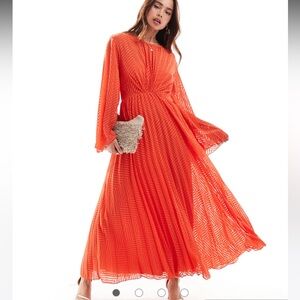 ASOS DESIGN tie back fluted sleeve pleated chevron chiffon Midi Dress, Coral